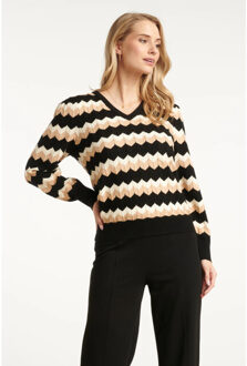 Smashed Lemon Zwart en zand zigzag gebreide dames top met v-hals | - XXXL