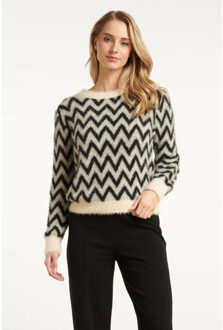 Smashed Lemon Zwart, grijs en offwhite gebreide top met zigzagprint | - XS