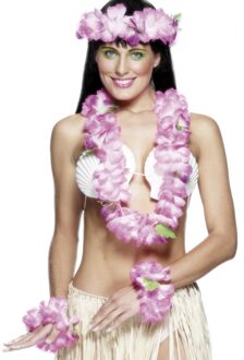 Smiffys 4x stuks roze Hawaii kransen verkleed set deluxe - Verkleedkransen