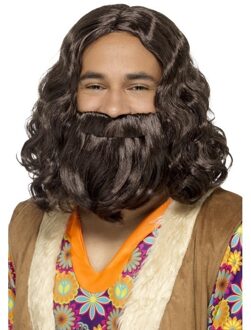 Smiffys Bruine hippie pruik en baard voor heren