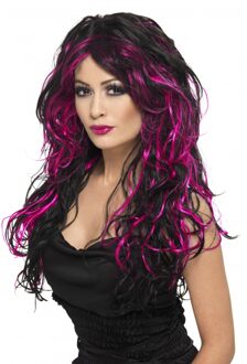 Smiffys carnaval Gothic damespruik - zwart met roze plukken - krullen Multi