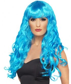 Smiffys Carnaval verkleed dames pruik - krullen blauw - lang haar - heksenpruik