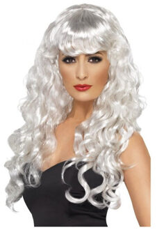 Smiffys Carnaval verkleed dames pruik - krullen wit - lang haar - heksenpruik