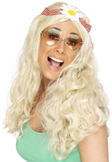 Smiffys carnaval verkleed damespruik - Blond - met haarbloem - Sixties style - Hippie