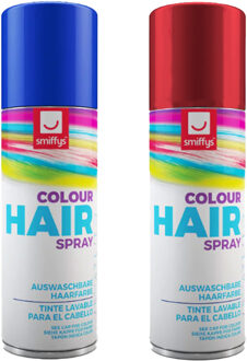 Smiffys Carnaval verkleed hoofdhaar verf/spuitspray - blauw en rood - spuitbussen - 125 ml p/st
