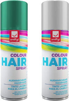 Smiffys Carnaval verkleed hoofdhaar verf/spuitspray - wit en groen - spuitbussen - 125 ml p/st