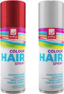 Smiffys Carnaval verkleed hoofdhaar verf/spuitspray - wit en rood - spuitbussen - 125 ml p/st