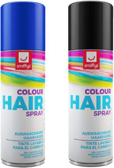 Smiffys Carnaval verkleed hoofdhaar verf/spuitspray - zwart en blauw - spuitbussen - 125 ml p/st