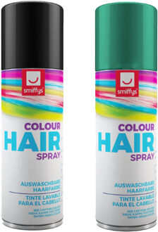 Smiffys Carnaval verkleed hoofdhaar verf/spuitspray - zwart en groen - spuitbussen - 125 ml p/st
