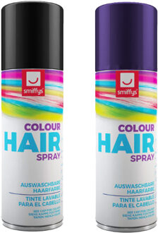 Smiffys Carnaval verkleed hoofdhaar verf/spuitspray - zwart en paars - spuitbussen - 125 ml p/st