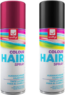 Smiffys Carnaval verkleed hoofdhaar verf/spuitspray - zwart en roze - spuitbussen - 125 ml p/st