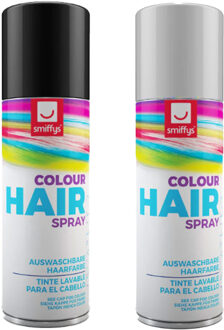 Smiffys Carnaval verkleed hoofdhaar verf/spuitspray - zwart en wit - spuitbussen - 125 ml p/st