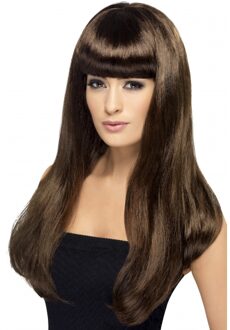 Smiffys Carnaval verkleed pruik - bruin - dames - stijl lang haar - pony - synthetisch - damespruik