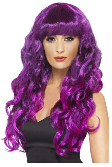 Smiffys Carnaval verkleed pruik voor dames - paars - lang haar met krullen - Heksenpruik - Halloween