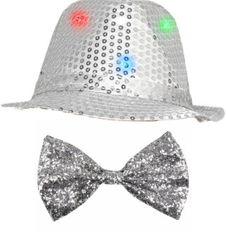 Smiffys Carnaval verkleed set hoed met strikje zilver glitters