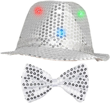 Smiffys Carnaval verkleed set hoed met strikje zilver glitters