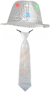Smiffys Carnaval verkleed set hoed met stropdas zilver glitters