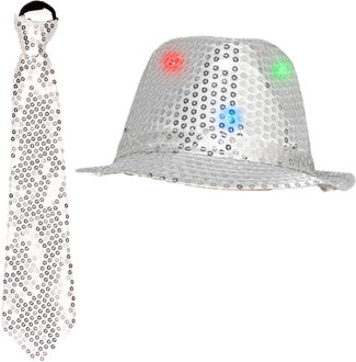 Smiffys Carnaval verkleed set hoed met stropdas zilver glitters