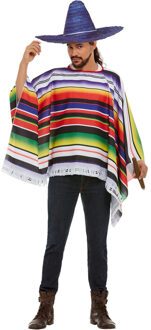 Smiffys Carnaval verkleed set Mexicaan - gekleurde one size poncho - Sombrero hoed blauw dia 59 cm One size