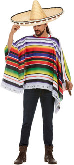 Smiffys Carnaval verkleed set Mexicaan - gekleurde one size poncho - Sombrero hoed naturel dia 60 cm One size