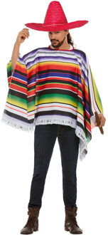 Smiffys Carnaval verkleed set Mexicaan - gekleurde one size poncho - Sombrero hoed rood dia 59 cm