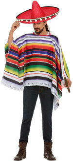 Smiffys Carnaval verkleed set Mexicaan - gekleurde one size poncho - Sombrero hoed rood dia 60 cm One size