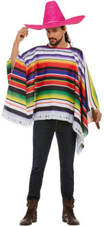 Smiffys Carnaval verkleed set Mexicaan - gekleurde one size poncho - Sombrero hoed roze dia 59 cm One size
