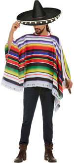 Smiffys Carnaval verkleed set Mexicaan - gekleurde one size poncho - Sombrero hoed zwart dia 60 cm One size