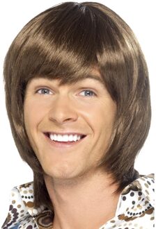 Smiffys Carnaval verkleed seventies pruik voor heren - half lange haren - Abba look - bruin