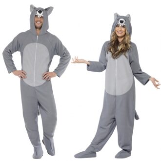 Smiffys Carnaval verkleed Wolf onesie - volwassenen - met capuchon - dierenpak kostuum