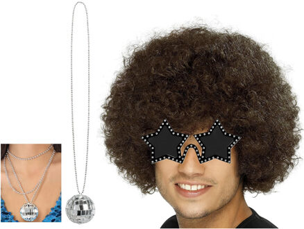 Smiffys Carnaval verkleedset afropruik bruin/sterren bril/ketting - heren/dames - Seventies/disco thema
