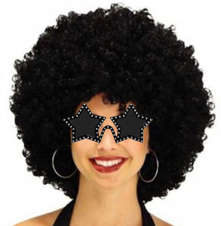 Smiffys Carnaval verkleedset afropruik met sterren bril - zwart - heren/dames - Seventies/Disco thema