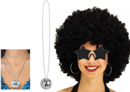 Smiffys Carnaval verkleedset afropruik zwart/sterren bril/ketting - heren/dames - Seventies/disco thema