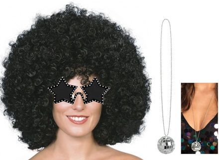 Smiffys Carnaval verkleedset afropruik zwart/sterren bril/ketting - heren/dames - Seventies/disco thema