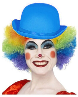 Smiffys Clown verkleed set - gekleurde pruik - bolhoedje blauw - Carnaval clowns verkleedkleding