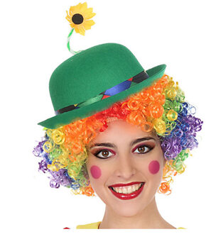 Smiffys Clown verkleed set - gekleurde pruik - bolhoedje groen - Carnaval clowns verkleedkleding