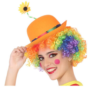 Smiffys Clown verkleed set - gekleurde pruik - bolhoedje oranje - Carnaval clowns verkleedkleding
