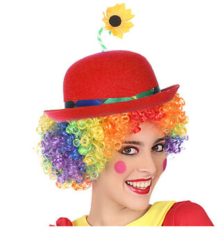 Smiffys Clown verkleed set - gekleurde pruik - bolhoedje rood - Carnaval clowns verkleedkleding