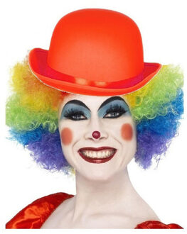 Smiffys Clown verkleed set - gekleurde pruik - bolhoedje rood - Carnaval clowns verkleedkleding