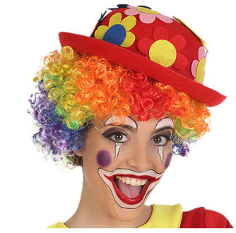 Smiffys Clown verkleed set - gekleurde pruik - bolhoedje rood mix - Carnaval clowns verkleedkleding