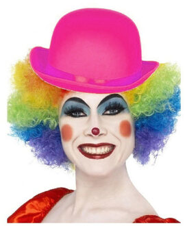 Smiffys Clown verkleed set - gekleurde pruik - bolhoedje roze - Carnaval clowns verkleedkleding
