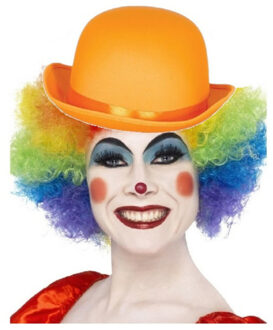 Smiffys Clown verkleed set gekleurde pruik met bolhoed oranje