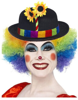 Smiffys Clown verkleed set - gekleurde pruik - met bolhoedje - Carnaval clowns verkleedkleding Zwart