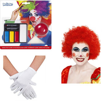 Smiffys Clown verkleedset - pruik - rood - schmink - neus - handschoenen - carnaval