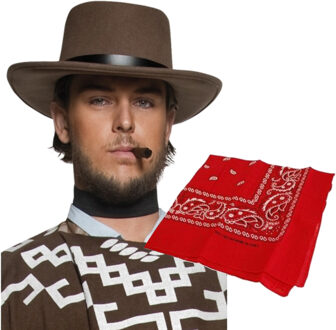 Smiffys Cowboy verkleed set - Cowboyhoed bruin - met rode western zakdoek - volwassenen - heren
