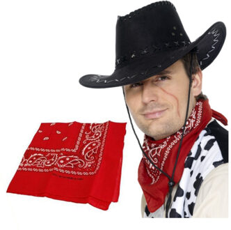 Smiffys Cowboy verkleed set heren - Cowboyhoed zwart suede look - met rode western zakdoek - carnaval