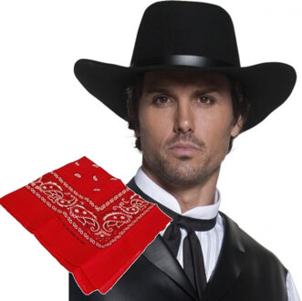 Smiffys Cowboys verkleed set - volwassenen - Cowboyhoed zwart - met rode western zakdoek