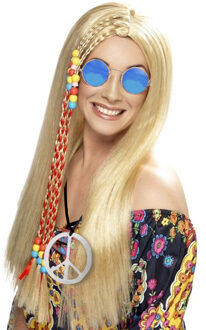 Smiffys Dames Flower Power Hippie Sixties verkleed set pruik en bril en peace ketting