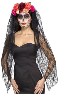 Smiffys Day of the dead haarband - bloemen en sluier - diadeem - Verkleedhoofddeksels Multikleur