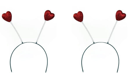 Smiffys Diadeem/haarband rode glitter hartjes - 2x - Verkleed spullen - Vrijgezellen/Valentijn feestje